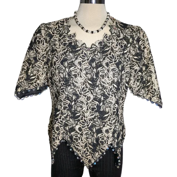 Michael Jordan Luxury Black &Gold Lace With Crystal Beads Trimmed Blouse Size M - Picture 10 of 16
